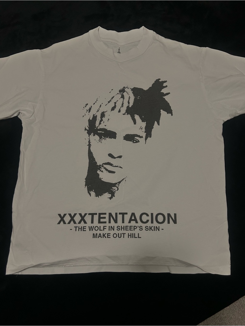 White Short-Sleeve Graphic Tee with Black Portrait Print